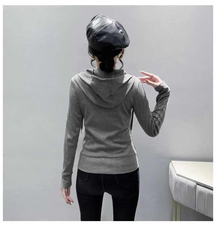 #7937Black Grey Women Hoodies Sweatshirt Tops Pullovers Diamonds Letters Slim Streetwear Short Hoodies Woman Zipper Korean Style.