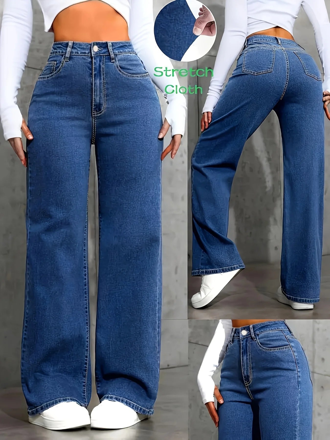 Classic and stylish straight-leg blue jeans, versatile and easy to pair with various outfits..