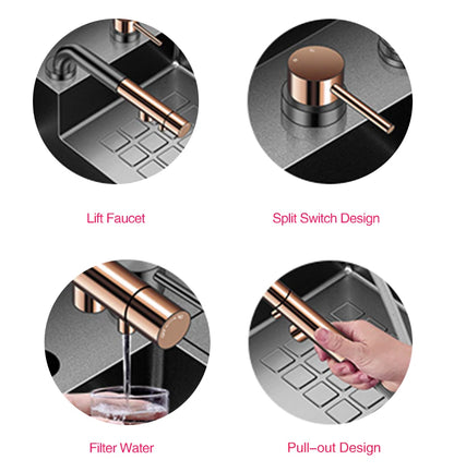 ASRAS Large Size Flip Cover Hidden Island Kitchen Sink 304 Stainless Steel 4mm Thickness Handmade Stepped Sink Cup Rinser Sinks