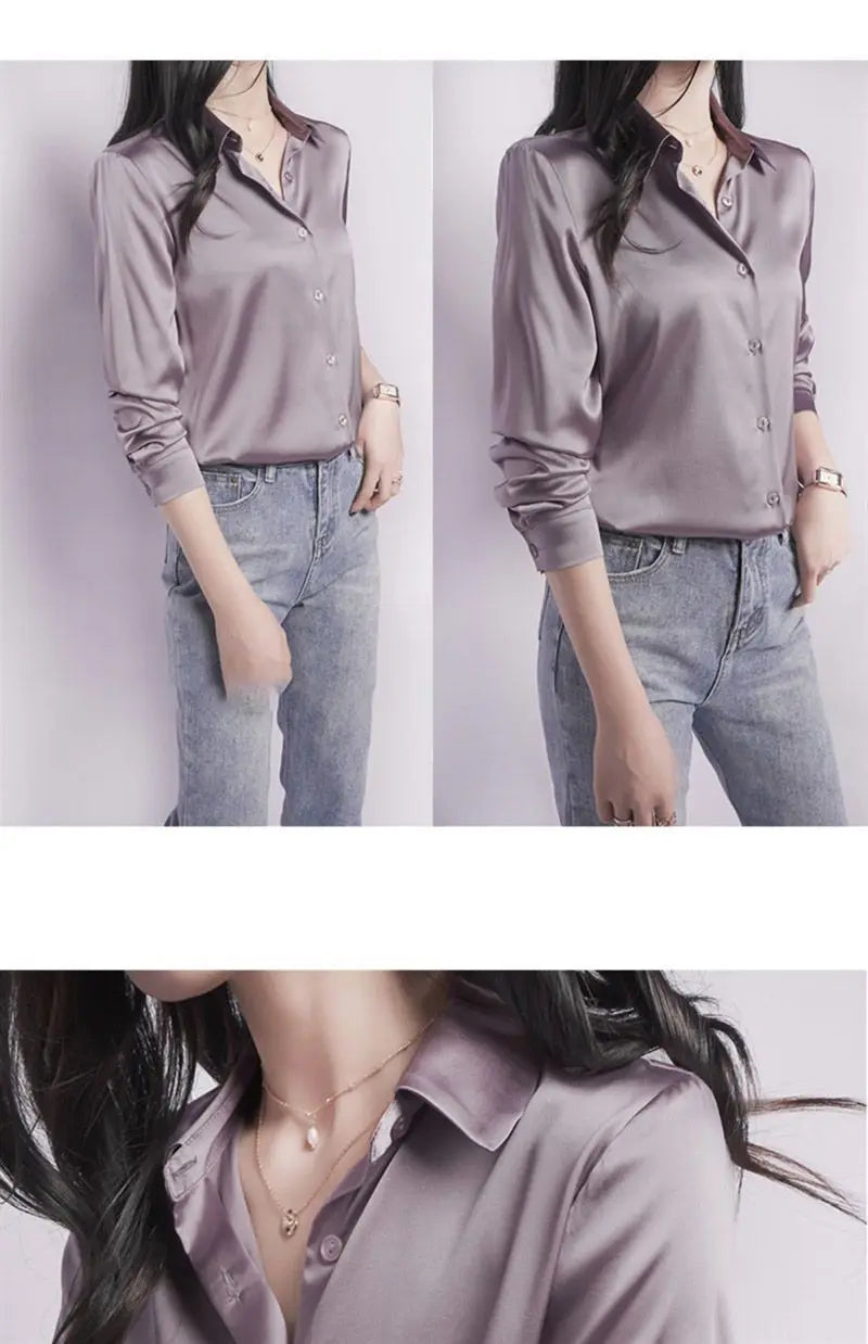 Spring Summer Casual Women's Satin Shirt Lapel Long Sleeve Blouse Loose Solid Color Office Lady Fashion Shirts Top.