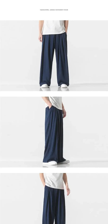 Hanfu Spirit Draped Linen Pants For Men Straight-leg Casual Trousers Chinese Style Loose-fit Ancient Wide-leg Song Trousers.