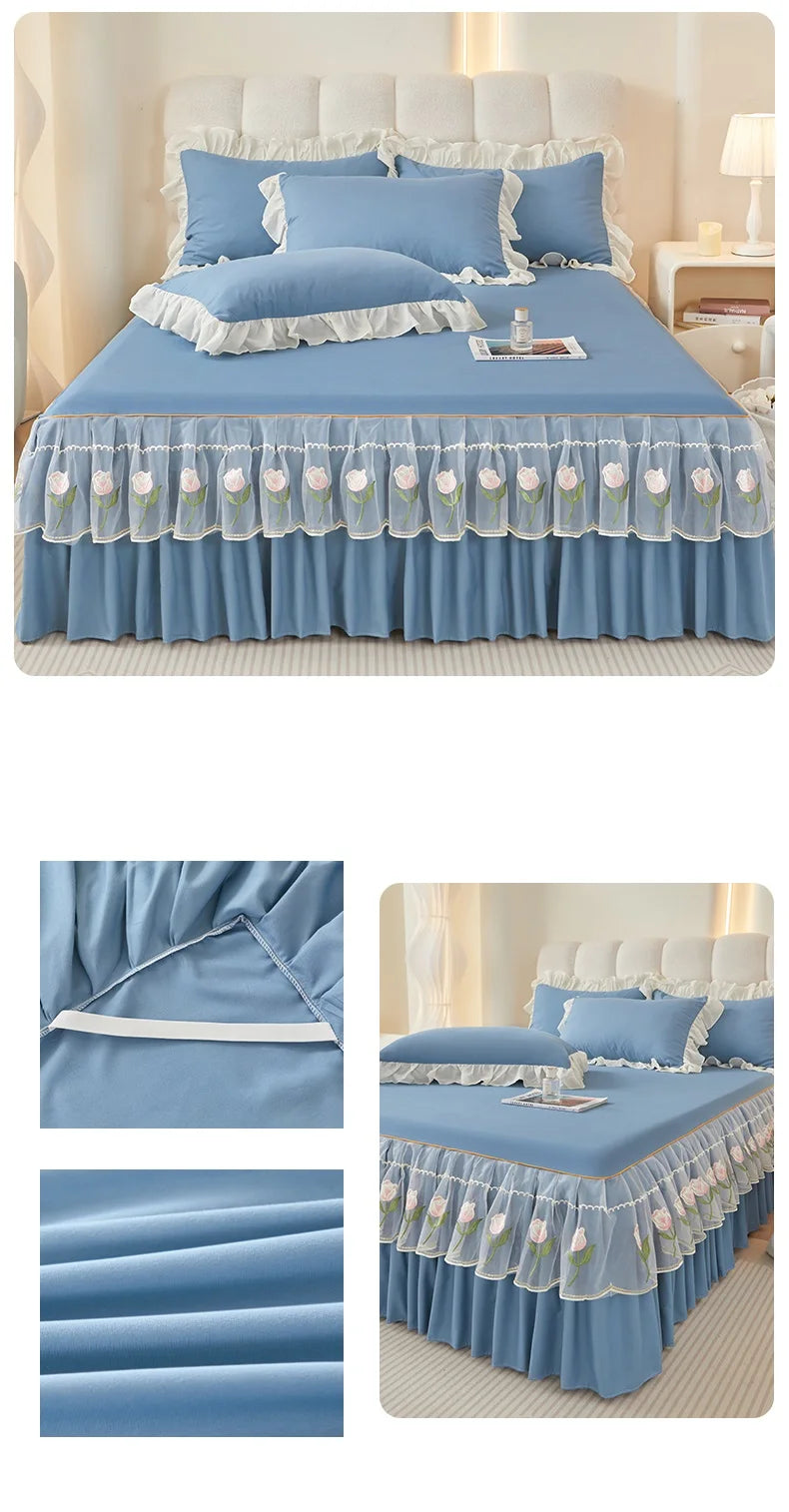Floral Style Bed Skirt Embroidered Bed Cover Single/Queen/King Size Bed Linen Home Sheet with Skirt 침대스커트(Pillowcase Need Order).