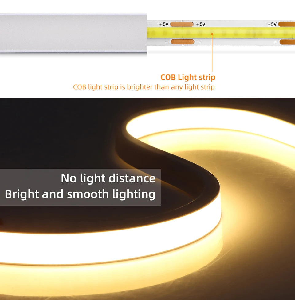 USB 5V Remote Control Dimmable Pure Silicone Tube COB Neon LED Strip Light Waterproof For Garden Bedroom Kitchen Backlight Decor.