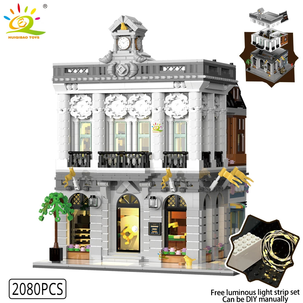 HUIQIBAO Toys MOC City Corner Coffee Shop Architecture Style Street View Micro Building Blocks for Children Construction Bricks.