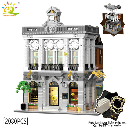 HUIQIBAO Toys MOC City Corner Coffee Shop Architecture Style Street View Micro Building Blocks for Children Construction Bricks.