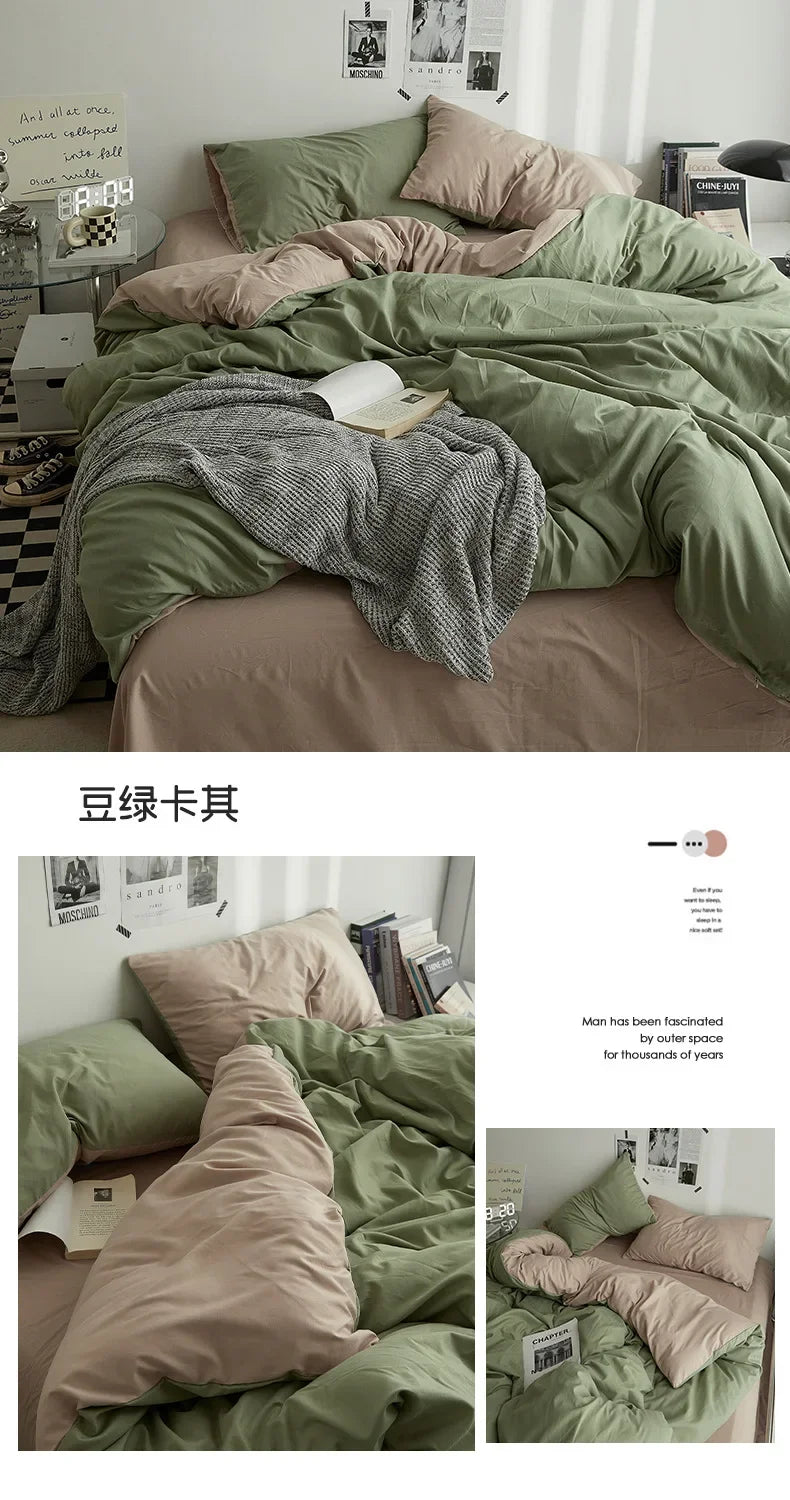 High Quality Solid Color Double Washed Cotton Bedding 4 Pieces Set Student Dormitory Bed Linen Duvet Set Bed Suit.