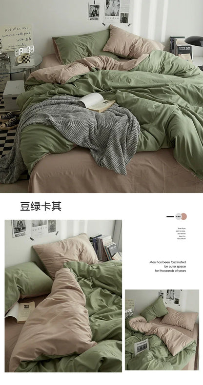 High Quality Solid Color Double Washed Cotton Bedding 4 Pieces Set Student Dormitory Bed Linen Duvet Set Bed Suit.