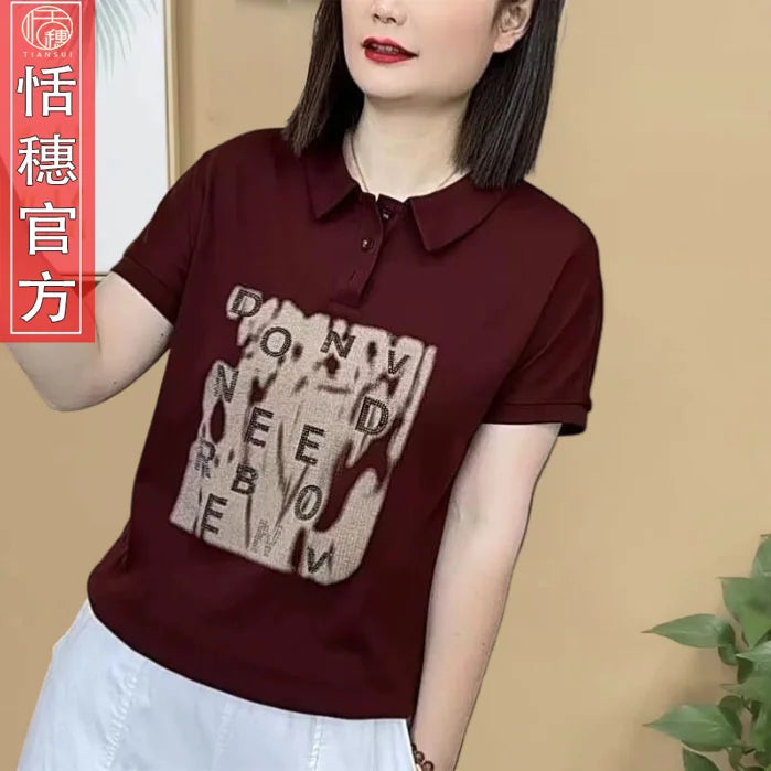 Button Lapel Women's T-shirt Short-sleeved Fashionable Outfit Middle-aged Mother's Outfit Temperament Large-size Top Trendy.