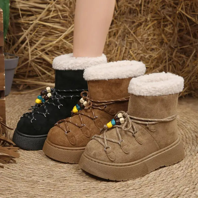 Chunky Platform Non Slip Furry Snow Boots Women 2025 Winter Soft Thick Bottom Warm Plush Ankle Boots Colorful Bead Lace Up Shoes.