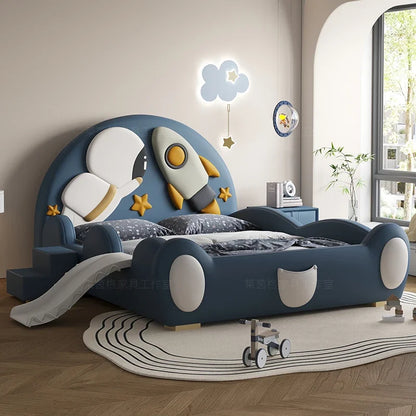 120 x 200 cm, blaues King-Size-Einzelbett, Doppelrahmen, luxuriös, 150 x 200 Heimpadder, Kinderbett, Kopfteil, zum Spielen auf einer Rutsche, Schlafzimmermöbel