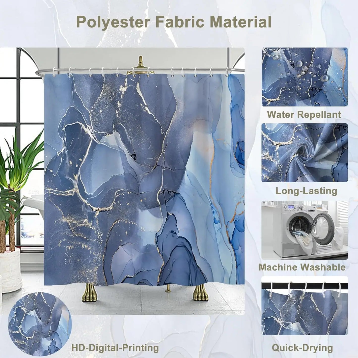 Duschvorhang aus blauem Marmor, blaues, modernes, luxuriöses, abstraktes Duschvorhang-Set für Badezimmer, Badvorhang aus Stoff mit Haken