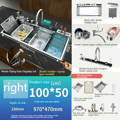 Stainless Steel Kitchen Sink Waterfall Wash Vegetables Basin Intelligent Digital Display Faucet Dish Wash Bowl Large Single Slot