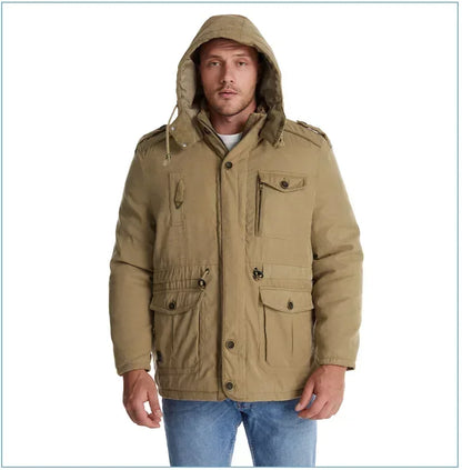 Men's Jacket WINTER USA SIZE Large SIZE Lamb Fleece JACKETS Hooded Cotton Thickened Multi Pocket Casual Mid length Coat