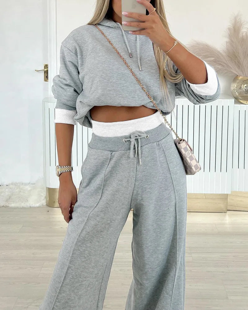 2024 Spring Autumn New Loose Sports Suit Women Long Sleeve Hooded Sweatshirt Drawstring High Waist Pocket Wide Leg Pants Suit.