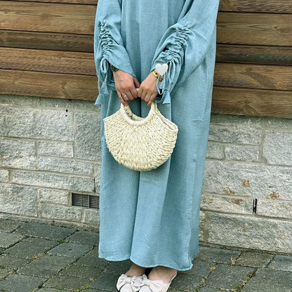 2024 Saudi Arabia Muslim Women Modest Dress Eid Dubai Plain Abaya Islamic Holiday Party Solid Turkey Lace-up Cuffs Long Clothes.