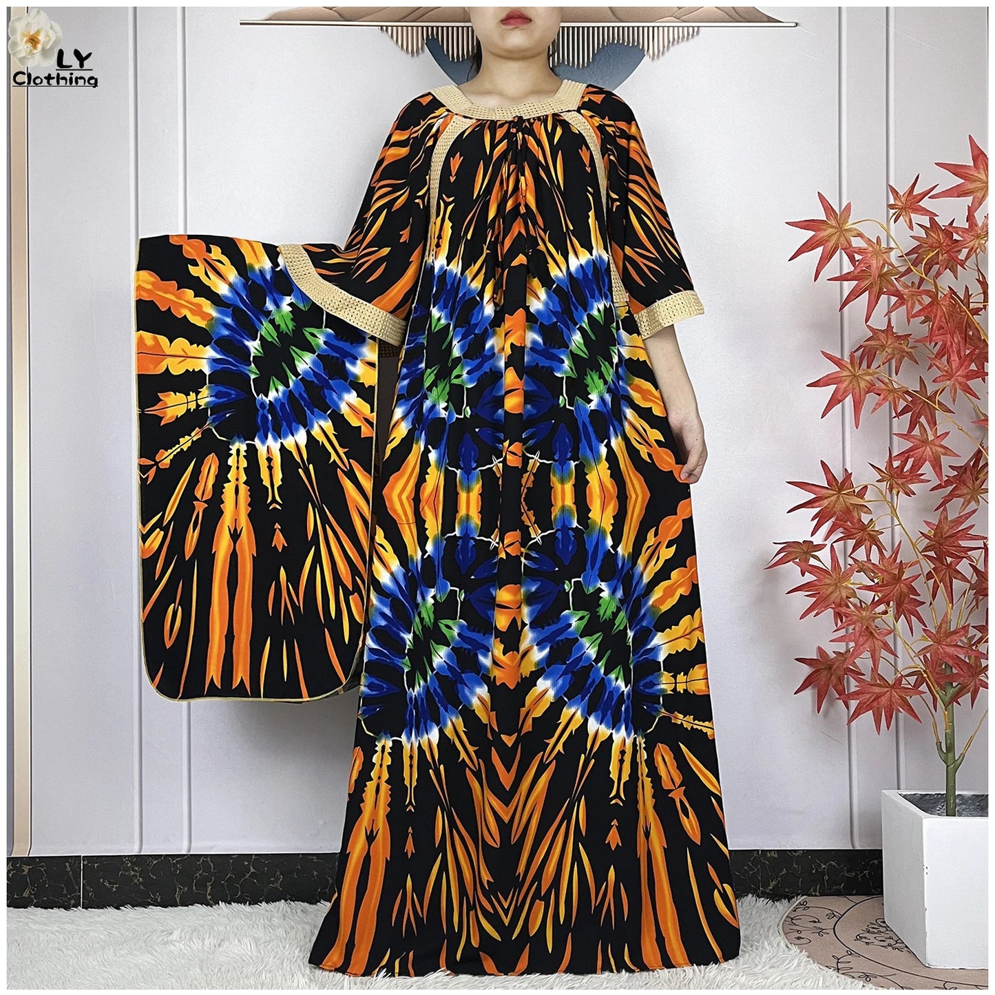 New Muslim Dress Woman Short Sleeve Dashiki African Abaya Tie-dyed Printing Cotton Loose Femme Robe Islamic Dresses With Scarf.