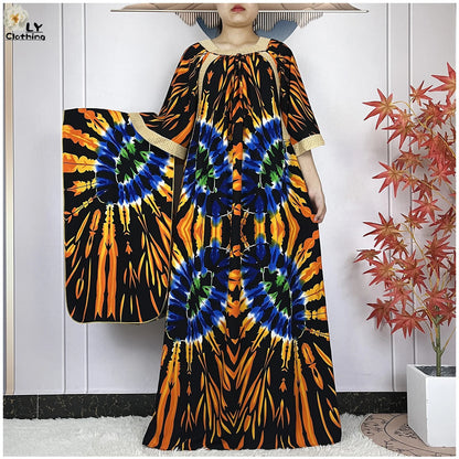 New Muslim Dress Woman Short Sleeve Dashiki African Abaya Tie-dyed Printing Cotton Loose Femme Robe Islamic Dresses With Scarf.