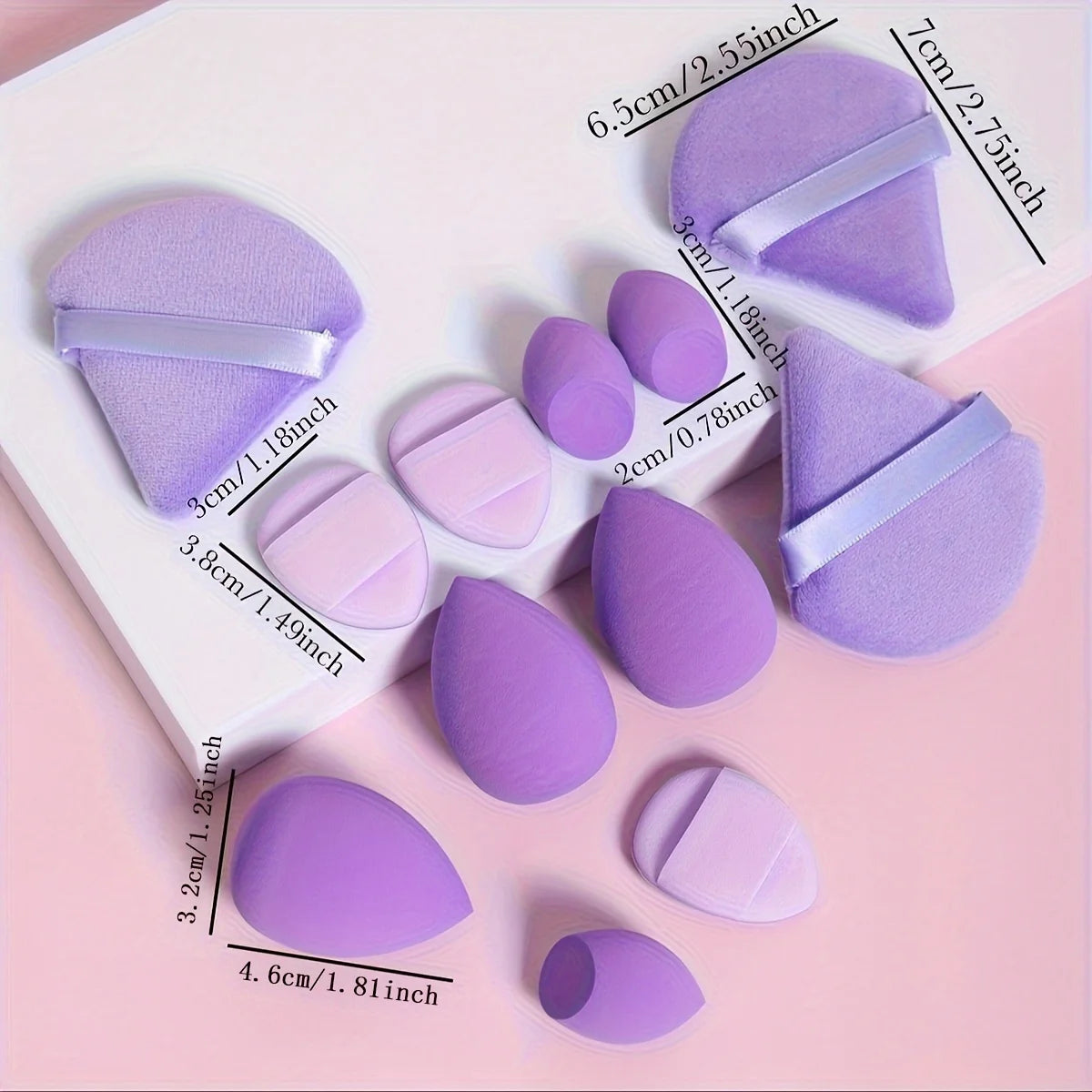12-Piece All-Purpose Makeup Sponge Set, Made of 3 Loose Powder Puffs, 3 Mini Air Cushion Puffs, 3 Beauty Eggs and 3 Mini Beauty.