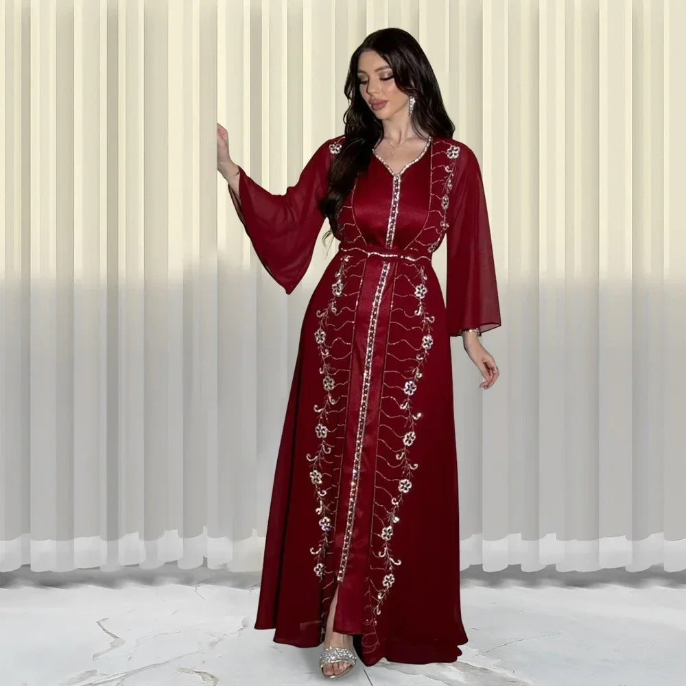 Autumn Fashion Muslim Dresses for Women Muslim Long Sleeve V-neck Party Evening Long Abay Dress Suit Inner and Abaya Outfits.