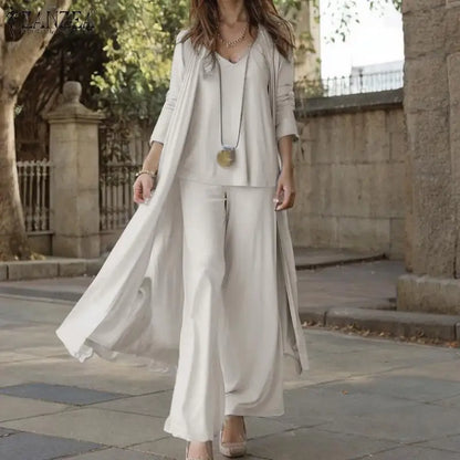 Women Autumn Tracksuits 3pcs Pant Sets ZANZEA Fashion Casual 3-Pieces Sets Solid Tank Tops and Cardigans Wide Leg Trousers Suit.