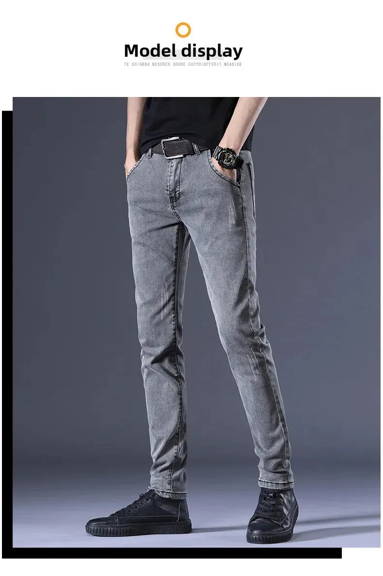 Slim Fit Men's Jeans Casual Elastic Korean Style Autumn Grey Trendy Long Pants Versatile Slim Legged Casual Trousers.