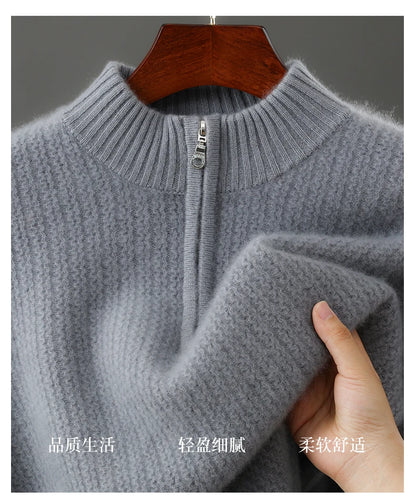 Men's 100% Merino Wool Thicken Sweater Half Zipper Mock Collar Pullover Autumn Winter Cashmere Knitwear Business Casual Clothing