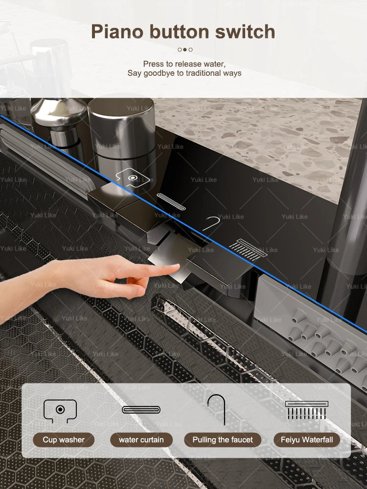 Waterfall Stainless Steel Kitchen Sink Intelligent Digital Display Faucet Large Single Slot Dishwash Bowl Wash Vegetables Basin