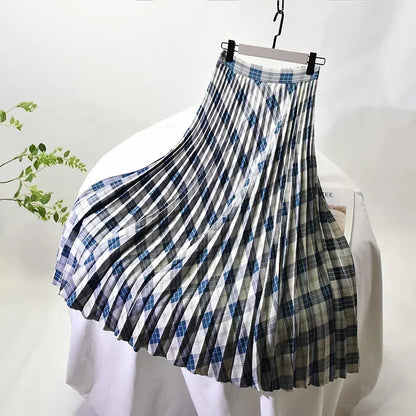 Looks Thin Pleated Skirt 2025 New High Waist A-line Skirt Mid-length Big Size Plaid Skirt Long Pleated Skirt Length 75-90cm.