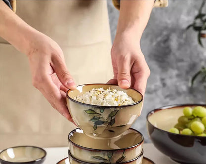 1Pc Vintage Bamboo Leaf Ceramic Bowl Salad Plate Exquisite Ceramic Cutlery Household Noodle Bowl Western Steak Cake Sushi Plate.