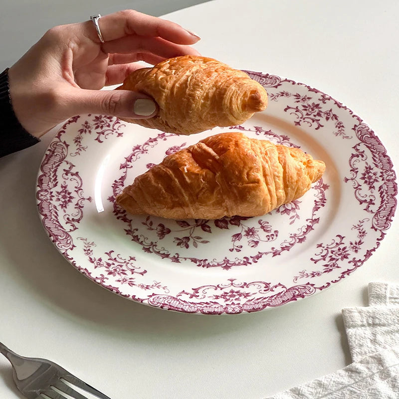 8/10Inch French Vintage Rose Ceramic Plate European Style Dinner Dishe Plates Salad Dessert Dinner Dish Household Art Tableware.