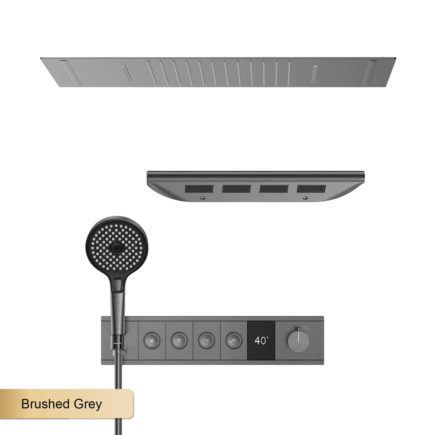 Deckenmontiertes thermostatisches LED-Digitalanzeige-Duschsystem. Eingebetteter Badmischer aus Messing im Wasserfallstil für heißes und kaltes Wasser