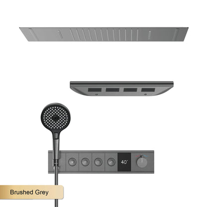 Deckenmontiertes thermostatisches LED-Digitalanzeige-Duschsystem. Eingebetteter Badmischer aus Messing im Wasserfallstil für heißes und kaltes Wasser