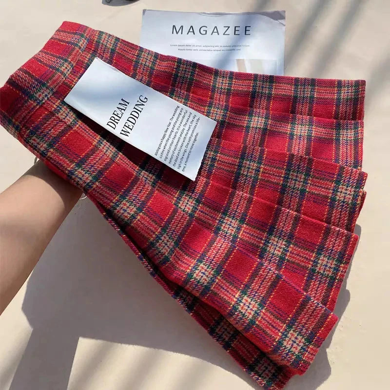 Plaid Woolen Pleated Skirts for Women Fall Winter High Waist Preppy Warm Mini Skirts Lady Fashion Korean All-Match A Line Skirts.