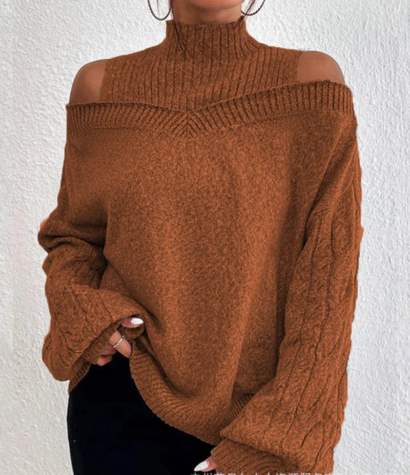 2025 Autumn Winter New Solid Knitting Off Shoulder Sweaters Elegant Office Lady Half High Collar Splice Loose Pullovers Sweater.