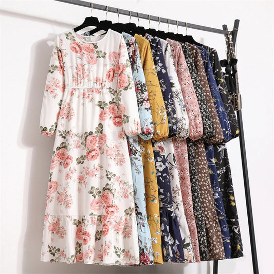 Frühling Sommer Frauen Maxi Kleider Casual Volle Hülse Floral Gedruckt Oansatz Frau Bohe Strand Party Lange Kleid Mujer Vestidos