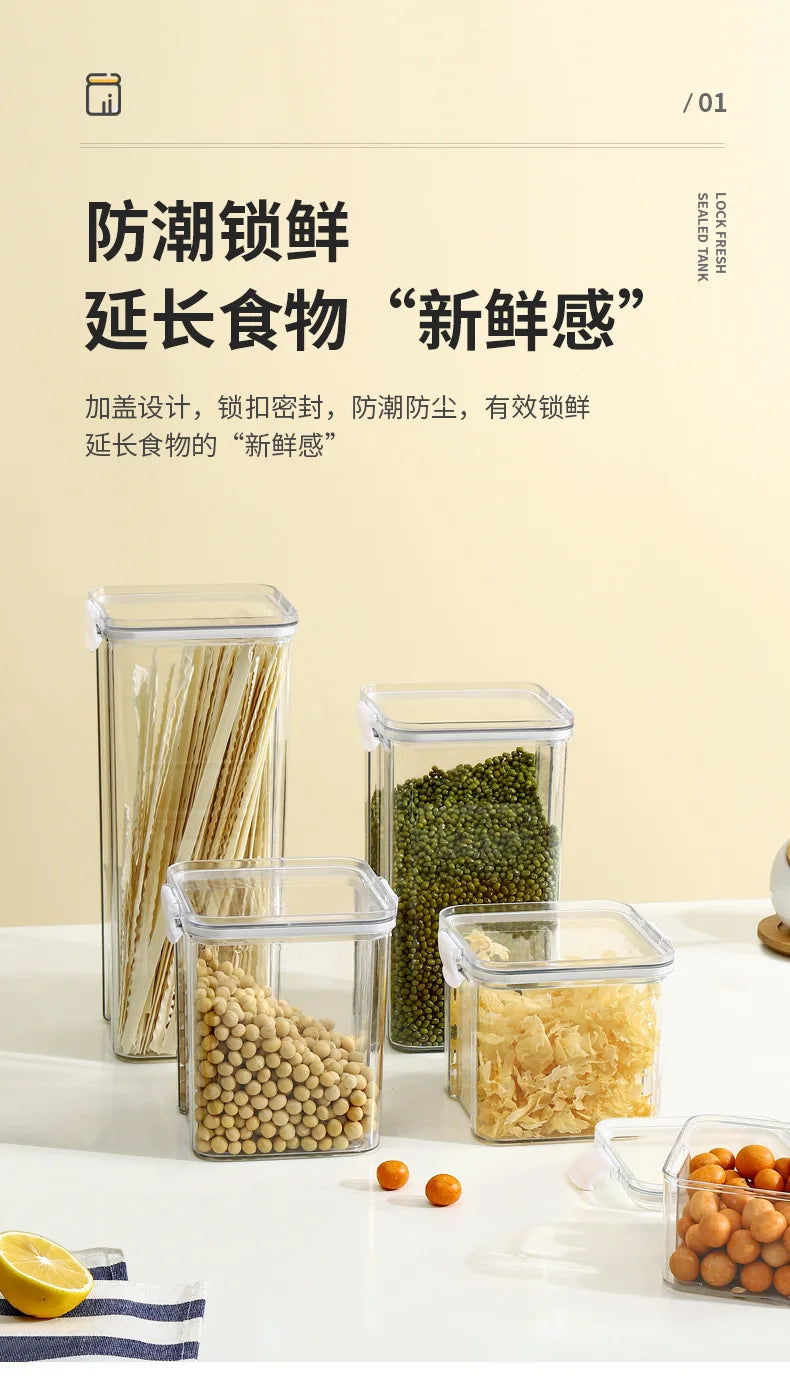 Food Box Storage Container With Airtight Lid Condiment Organizer Plastic Dispenser Jar Hermetic Kitchen Cereal Snack Spaghetti.