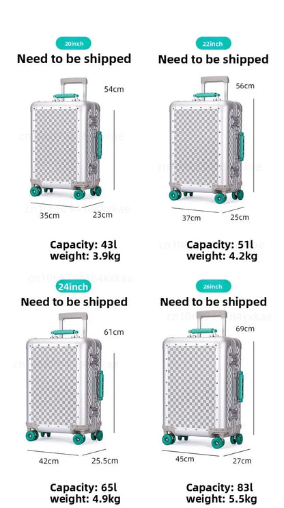 20-Zoll-Koffer aus Vollaluminium-Magnesiumlegierung mit großem Fassungsvermögen, Rollgepäckkoffer, Geschäftsreisekoffer auf Rädern.