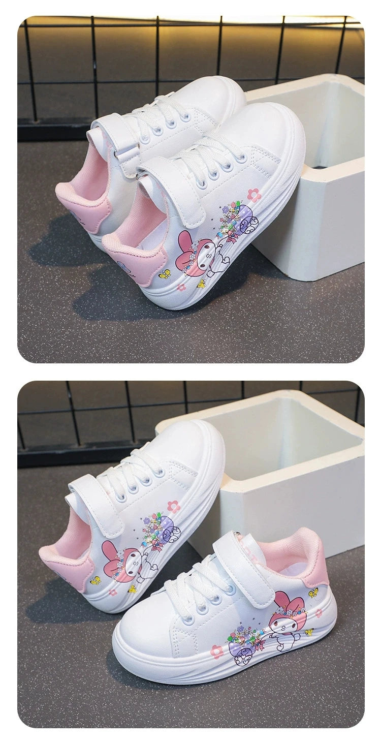 Baby Girls White Shoes Kids Casual Sneakers Cartoon Soft Breathable Fashion Children White PU Leather Shoes Size 26-37.