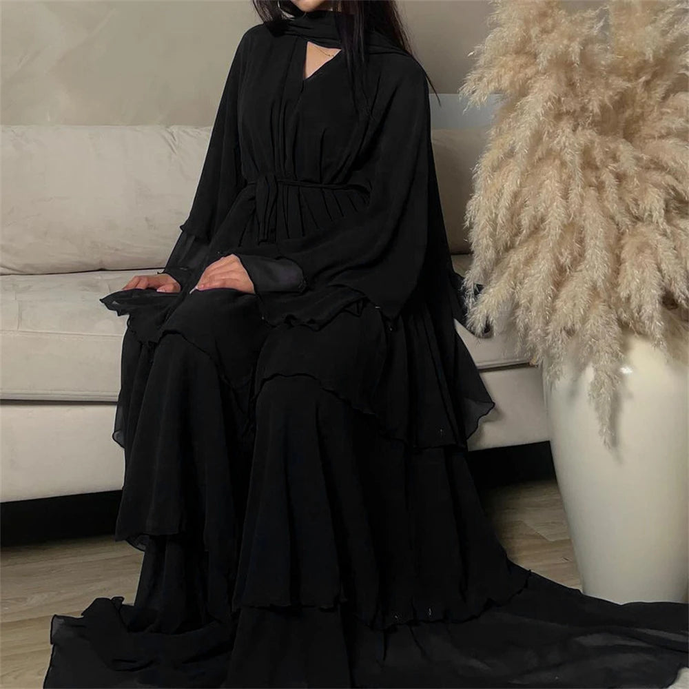 Summer Open Chiffon Khimar Kimono Abaya Dubai Luxury 2024 Muslim Sets Modest Kaftan Hijab Dresses For Women Islam Kebaya Damen.