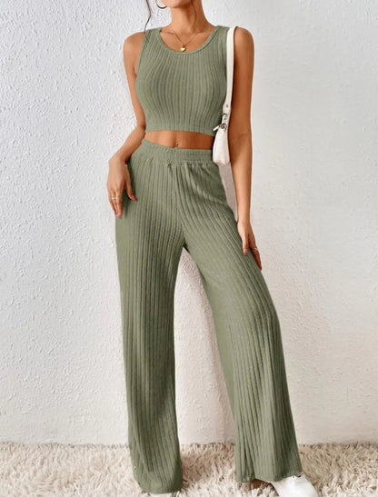 New Spring Solid Color Fashion Casual Knitted Cotton Waist Sleeveless Tank Top High Waist Pants Set For Women's Clothing.