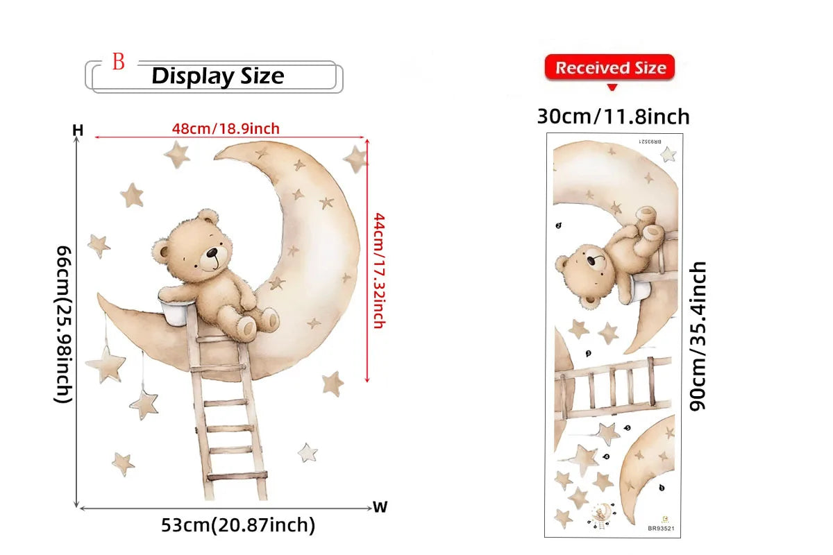 Cute Bear Moon Star Wall Stickers for Kids Rooms Girls Boys Baby Room Decoration Kawaii Cartoon Animal Nursery Wallpaper Vinyl.