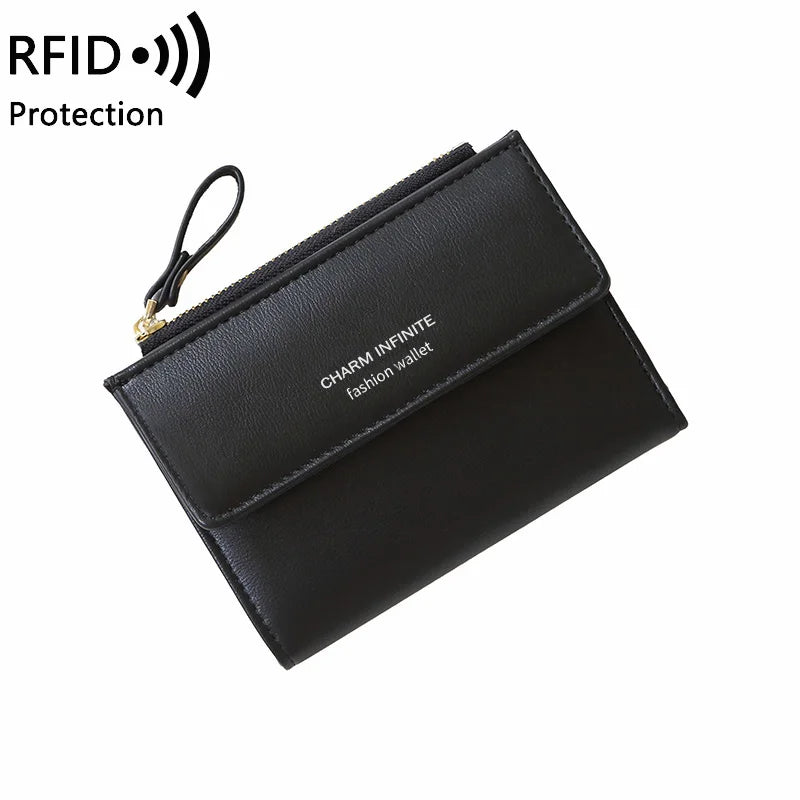 RFID Anti-Theft Short Card Bag for Women, Brush, PU, Solid Color, Zipper Buckle, Multi-functional Fashion, Small Purse