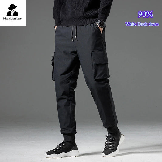 Winter Down Pants Men's Casual Waterproof Zipper Pocket Thick 90% Duck Down Cargo Pants Male Jogger Outdoor Warm Sports Pants.