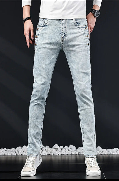 Slim Skinny Jeans Men New Elastic Korean Design Fashion Multi-Button Blue White Vintage Wash Cotton Stretch Denim Pants Trousers.