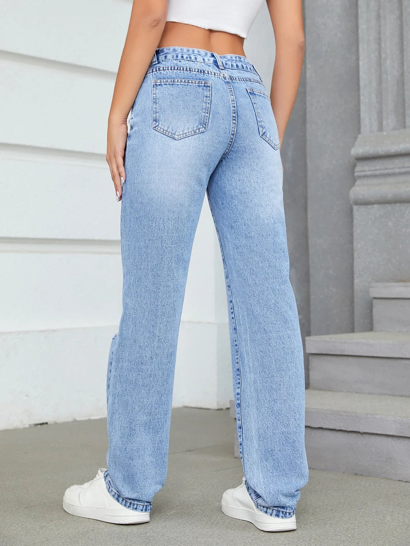 Loose High Waist Casual Hole Straight Leg Jeans Long Pants Wide Leg Trousers Comfortable Fit Female Denim Jeans.