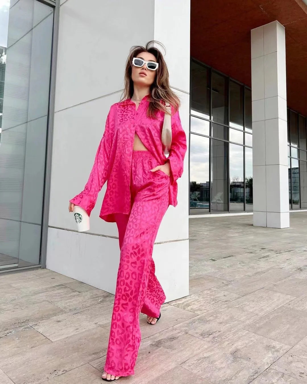 2024 Autumn White Satin Wide Leg Trousers Suit For Women Office Leopard Print Two-Piece Set Home Tracksuit Female Pajamas Sets.