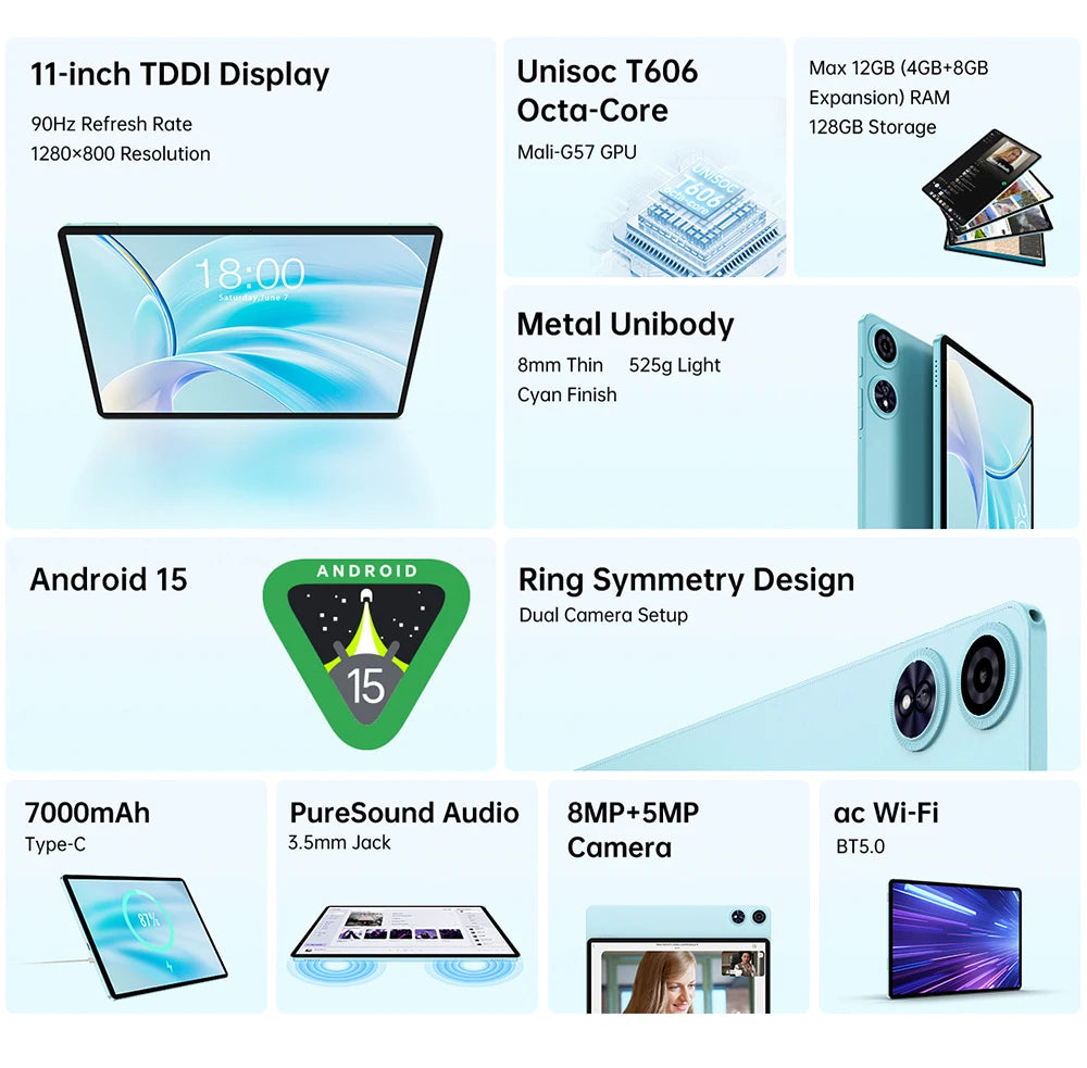 Teclast Tablet P50 Case Android 15 11" T606 8-Core Max 12GB RAM 128GB ROM P50 Case/Keyboard/Mouse/Stylus/Headphone/Stand.