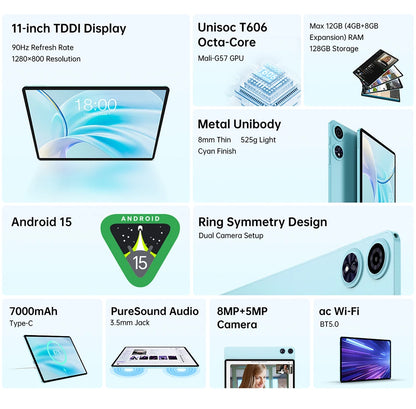 Teclast Tablet P50 Case Android 15 11" T606 8-Core Max 12GB RAM 128GB ROM P50 Case/Keyboard/Mouse/Stylus/Headphone/Stand.