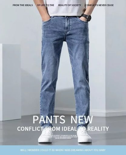 Hong Kong Summer Thin Men's Blue Jeans Slims Smooths Your Silhouette Feet Stretchy Korean Style Light Color Versatile Pants.