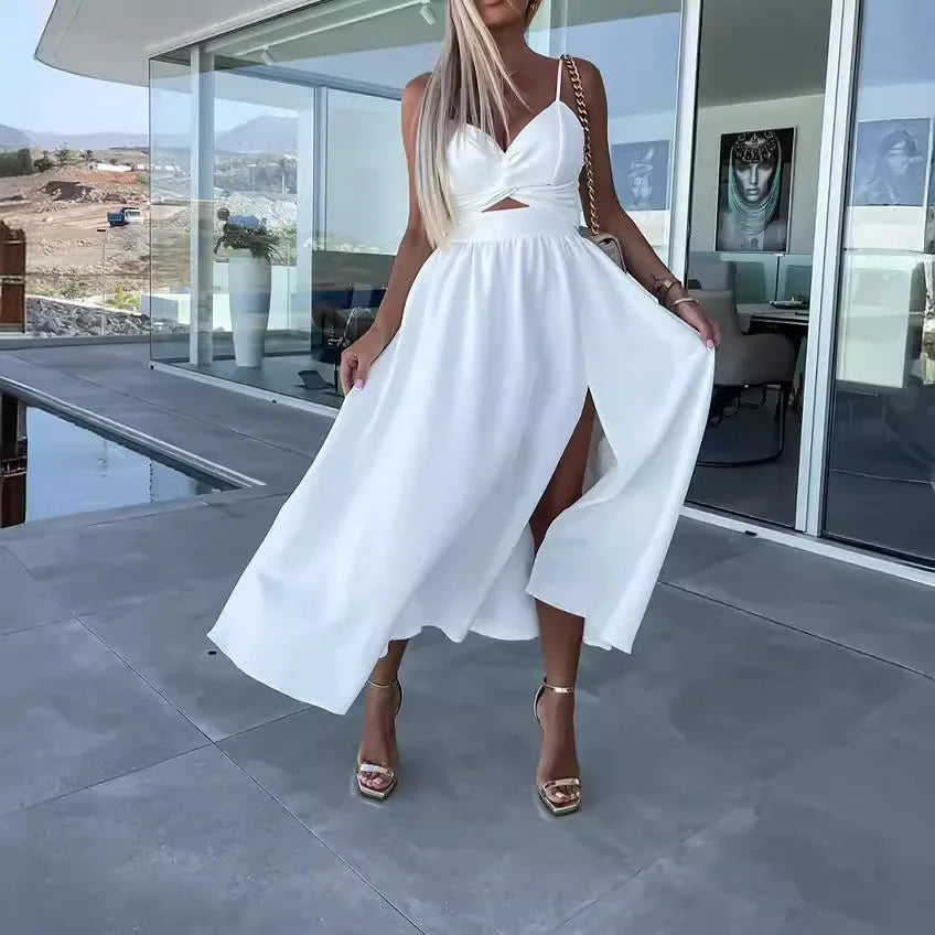 Damenbekleidung im neuen Stil von Amazon, Tank-V-Ausschnitt, großes Swoop-Kleid, schlank, dass Sie Ihre Silhouette glättet, mittellanges Kleid mit offenem Rücken.